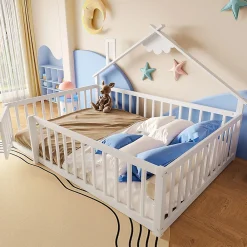 Lit enfant 140x190 cm - Lit avec barrières et design maison - Bois de pin et MDF - Sans matelas - Blanc>Okwish Outlet