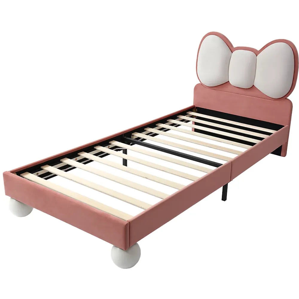 Okwish Lit enfant 90x200 cm - Lit avec Tête de Lit en Ailes et LED - Velours - Sans matelas - Rose*Enfant Lit Enfant