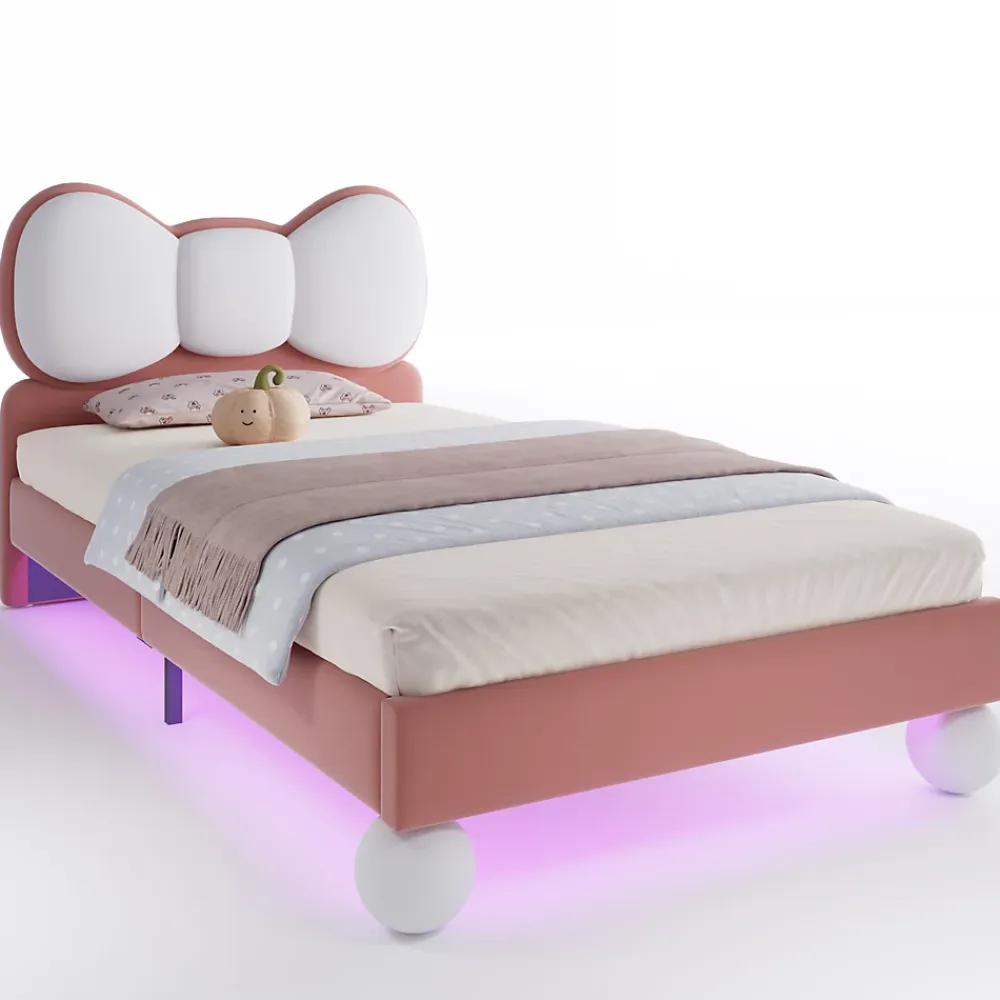 Okwish Lit enfant 90x200 cm - Lit avec Tête de Lit en Ailes et LED - Velours - Sans matelas - Rose*Enfant Lit Enfant