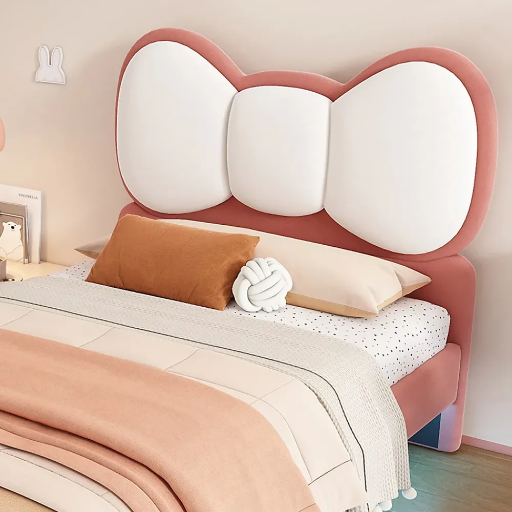 Okwish Lit enfant 90x200 cm - Lit avec Tête de Lit en Ailes et LED - Velours - Sans matelas - Rose*Enfant Lit Enfant