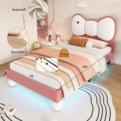 Okwish Lit enfant 90x200 cm - Lit avec Tête de Lit en Ailes et LED - Velours - Sans matelas - Rose*Enfant Lit Enfant