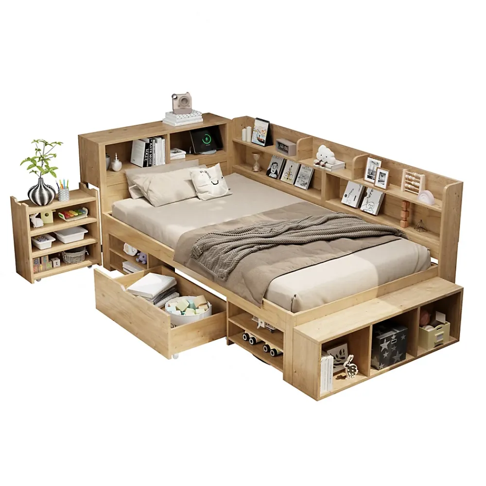 Okwish Lit Enfant 90x200 cm - Lit avec Rangement Multifonction, Tiroirs et Étagères, Lit Simple en Bois Nature - Sans Matelas*Enfant Lit Enfant