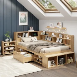Okwish Lit Enfant 90x200 cm - Lit avec Rangement Multifonction, Tiroirs et Étagères, Lit Simple en Bois Nature - Sans Matelas*Enfant Lit Enfant