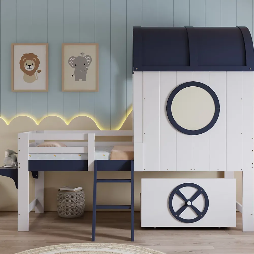 Okwish Lit enfant 90x200 cm - Lit Cabane avec Rangement et design Marin - Pin et MDF - Sans Matelas - Blanc + Bleu foncé*Enfant Lit Enfant