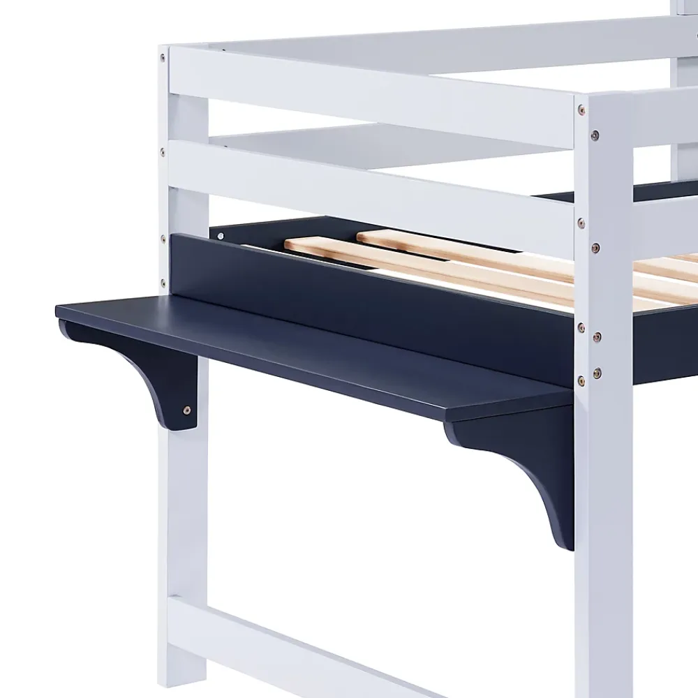Okwish Lit enfant 90x200 cm - Lit Cabane avec Rangement et design Marin - Pin et MDF - Sans Matelas - Blanc + Bleu foncé*Enfant Lit Enfant