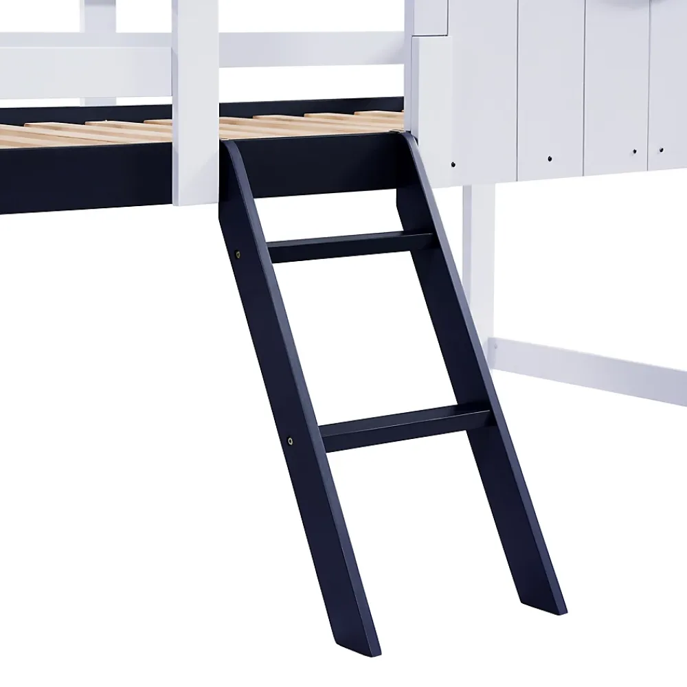 Okwish Lit enfant 90x200 cm - Lit Cabane avec Rangement et design Marin - Pin et MDF - Sans Matelas - Blanc + Bleu foncé*Enfant Lit Enfant