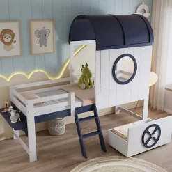 Okwish Lit enfant 90x200 cm - Lit Cabane avec Rangement et design Marin - Pin et MDF - Sans Matelas - Blanc + Bleu foncé*Enfant Lit Enfant