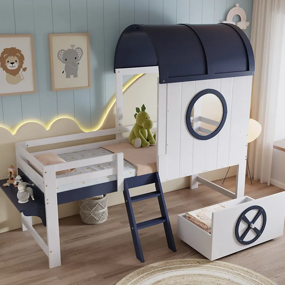 Okwish Lit enfant 90x200 cm - Lit Cabane avec Rangement et design Marin - Pin et MDF - Sans Matelas - Blanc + Bleu foncé*Enfant Lit Enfant
