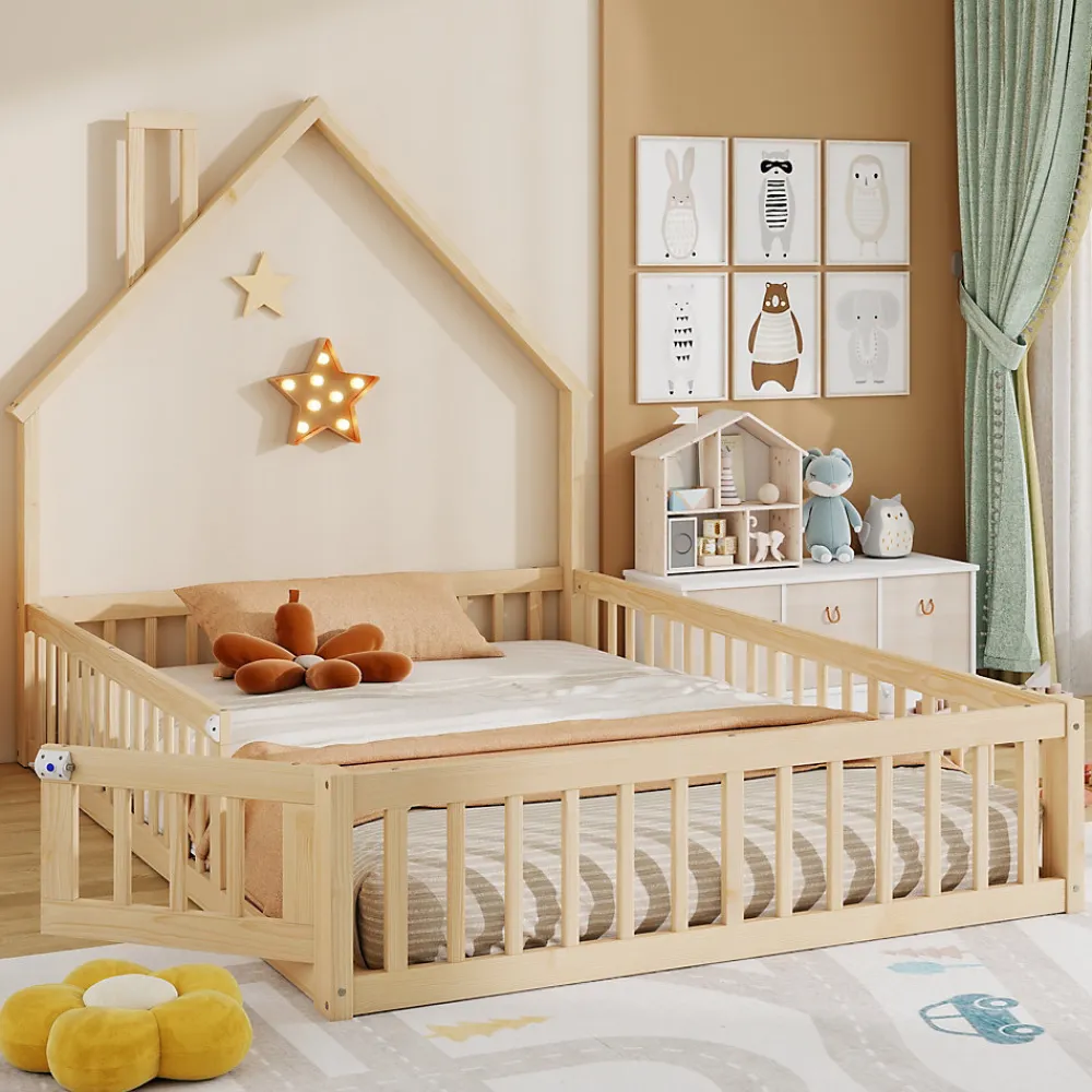 Lit Enfant 140x190 cm - Lit Cabane Design Maison avec Cheminée Décorative et Sommier Inclus, Bois et MDF, Naturel, sans Matelas>Okwish Clearance