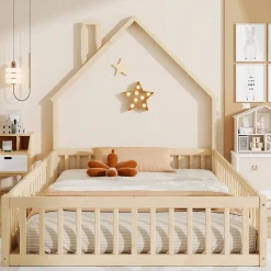Lit Enfant 140x190 cm - Lit Cabane Design Maison avec Cheminée Décorative et Sommier Inclus, Bois et MDF, Naturel, sans Matelas><noscript><img width=