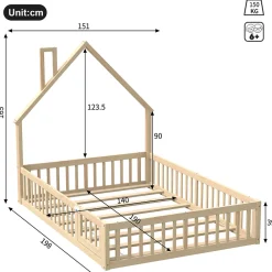Lit Enfant 140x190 cm - Lit Cabane Design Maison avec Cheminée Décorative et Sommier Inclus, Bois et MDF, Naturel, sans Matelas><noscript><img width=