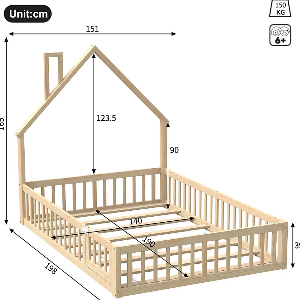 Lit Enfant 140x190 cm - Lit Cabane Design Maison avec Cheminée Décorative et Sommier Inclus, Bois et MDF, Naturel, sans Matelas>Okwish Clearance