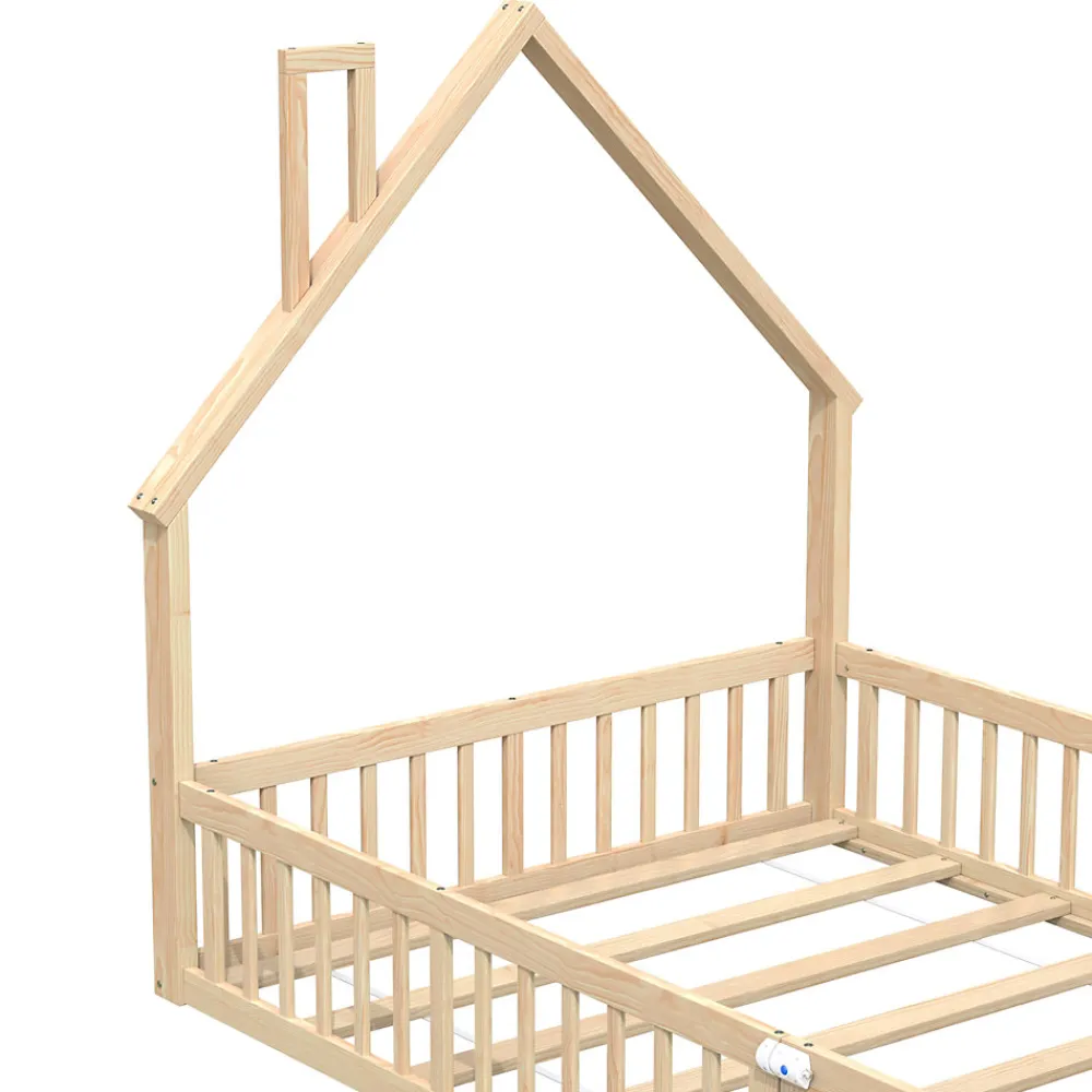 Lit Enfant 140x190 cm - Lit Cabane Design Maison avec Cheminée Décorative et Sommier Inclus, Bois et MDF, Naturel, sans Matelas>Okwish Clearance