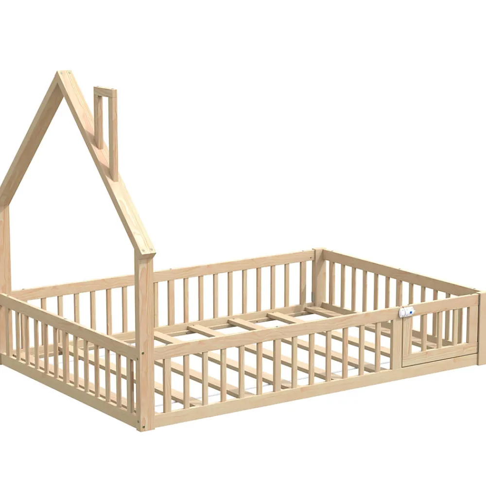 Lit Enfant 140x190 cm - Lit Cabane Design Maison avec Cheminée Décorative et Sommier Inclus, Bois et MDF, Naturel, sans Matelas>Okwish Clearance