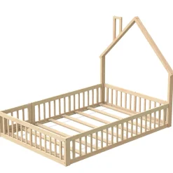 Lit Enfant 140x190 cm - Lit Cabane Design Maison avec Cheminée Décorative et Sommier Inclus, Bois et MDF, Naturel, sans Matelas><noscript><img width=