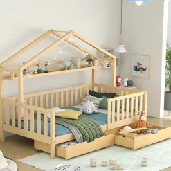 Lit enfant 90x200 cm - Lit Cabane avec 2 Tiroirs de Rangement, Sommier en Bois Inclus, Sans Matelas - Naturel>Okwish Hot