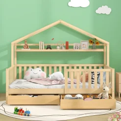 Lit enfant 90x200 cm - Lit Cabane avec 2 Tiroirs de Rangement, Sommier en Bois Inclus, Sans Matelas - Naturel>Okwish Hot