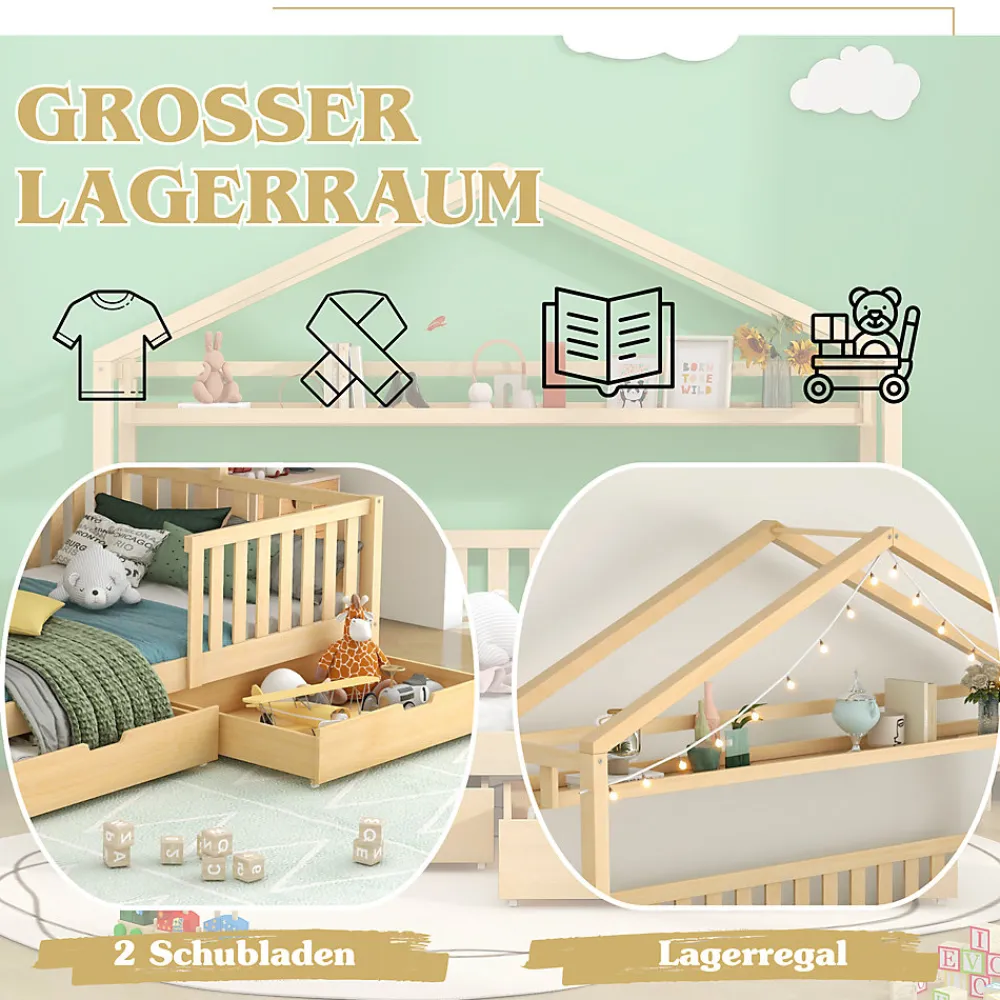 Lit enfant 90x200 cm - Lit Cabane avec 2 Tiroirs de Rangement, Sommier en Bois Inclus, Sans Matelas - Naturel>Okwish Hot