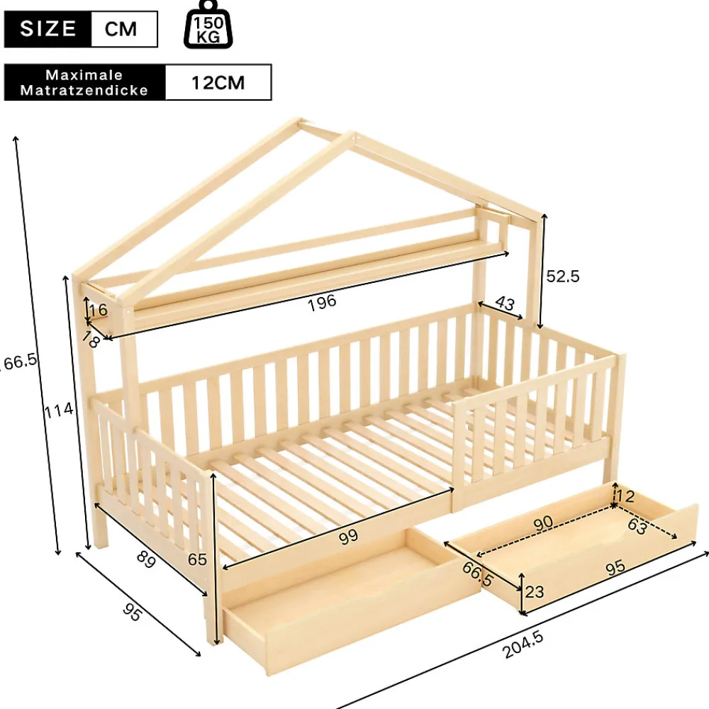 Lit enfant 90x200 cm - Lit Cabane avec 2 Tiroirs de Rangement, Sommier en Bois Inclus, Sans Matelas - Naturel>Okwish Hot