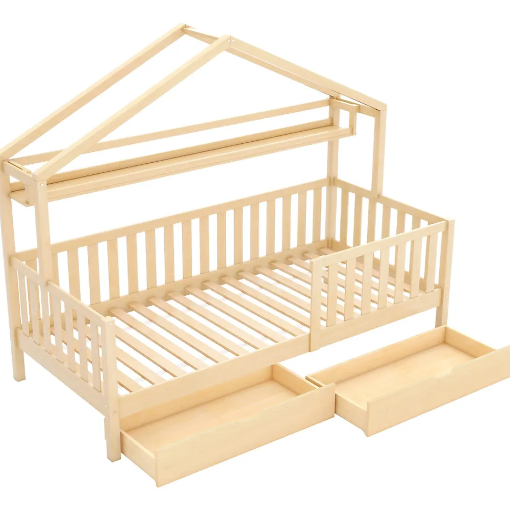 Lit enfant 90x200 cm - Lit Cabane avec 2 Tiroirs de Rangement, Sommier en Bois Inclus, Sans Matelas - Naturel>Okwish Hot