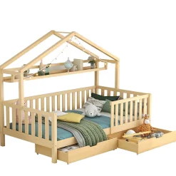 Lit enfant 90x200 cm - Lit Cabane avec 2 Tiroirs de Rangement, Sommier en Bois Inclus, Sans Matelas - Naturel><noscript><img width=