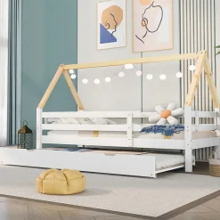 Lit Enfant 90x200 cm - Lit Cabane avec Lit Gigogne à Roulettes - Bois Massif Naturel - Sans Matelas>Okwish Clearance