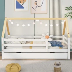 Lit Enfant 90x200 cm - Lit Cabane avec Lit Gigogne à Roulettes - Bois Massif Naturel - Sans Matelas><noscript><img width=