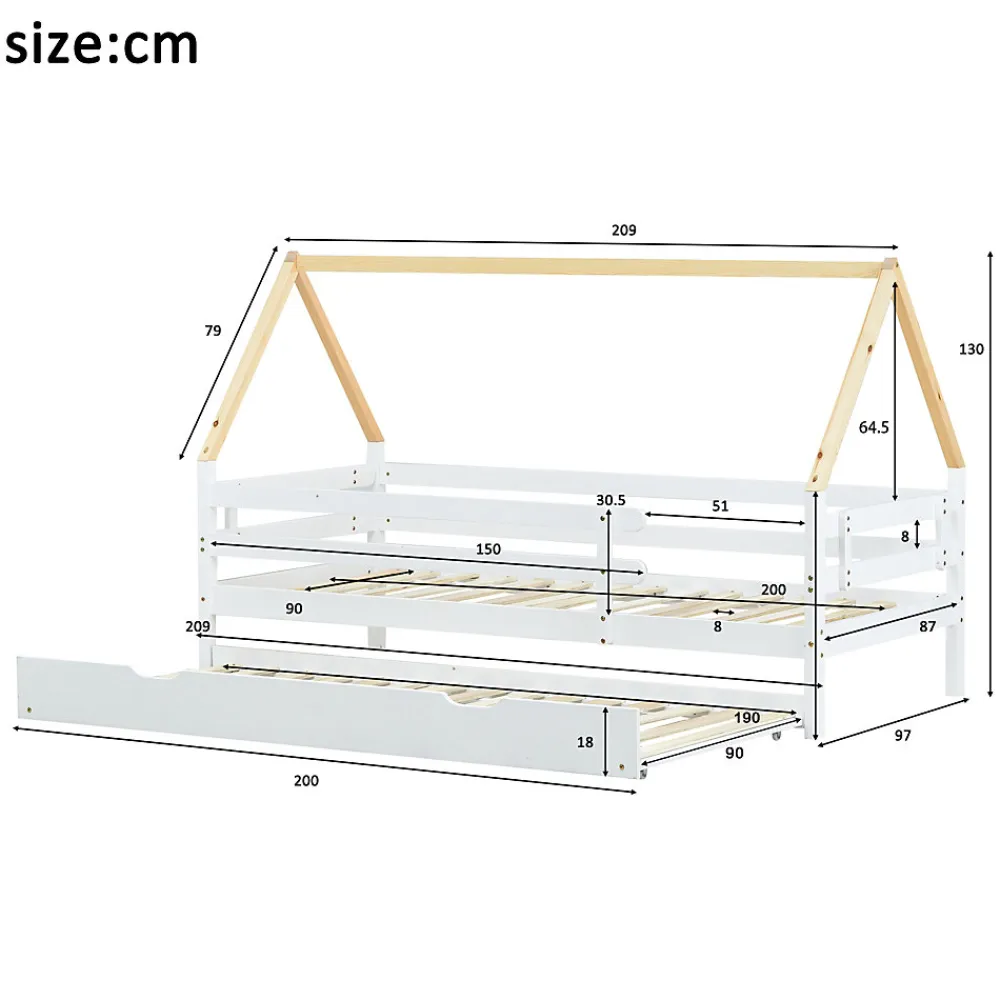 Lit Enfant 90x200 cm - Lit Cabane avec Lit Gigogne à Roulettes - Bois Massif Naturel - Sans Matelas>Okwish Clearance
