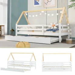 Lit Enfant 90x200 cm - Lit Cabane avec Lit Gigogne à Roulettes - Bois Massif Naturel - Sans Matelas><noscript><img width=