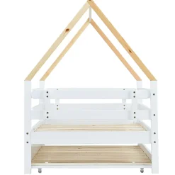 Lit Enfant 90x200 cm - Lit Cabane avec Lit Gigogne à Roulettes - Bois Massif Naturel - Sans Matelas><noscript><img width=