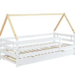 Lit Enfant 90x200 cm - Lit Cabane avec Lit Gigogne à Roulettes - Bois Massif Naturel - Sans Matelas><noscript><img width=