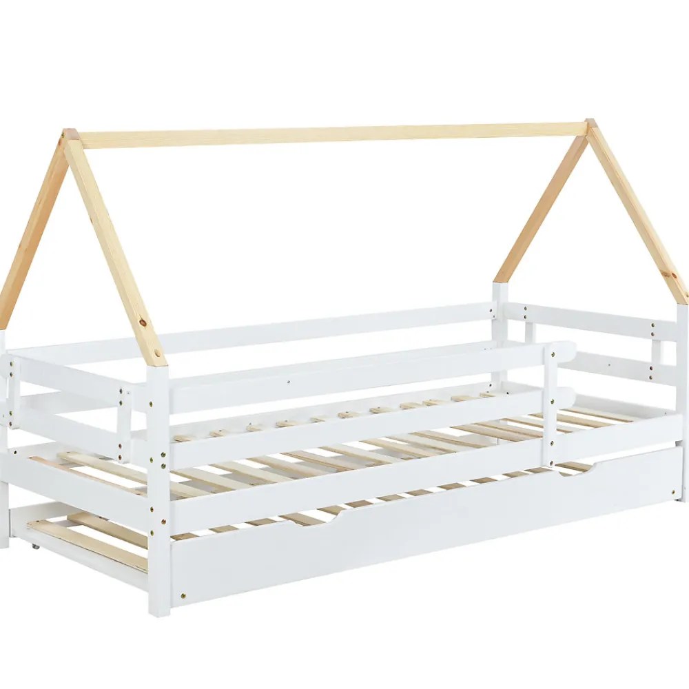 Lit Enfant 90x200 cm - Lit Cabane avec Lit Gigogne à Roulettes - Bois Massif Naturel - Sans Matelas>Okwish Clearance