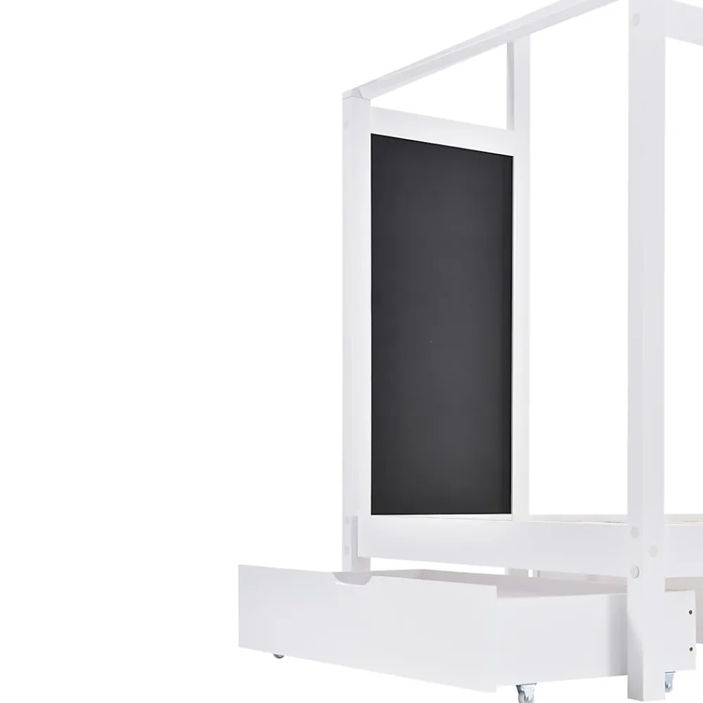 Okwish Lit enfant 90x200 cm - Lit Cabane avec Tableau et 2 Tiroirs, Rangement Pratique, Bois Massif et MDF, Sans Matelas - Blanc*Enfant Lit Enfant