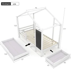 Okwish Lit enfant 90x200 cm - Lit Cabane avec Tableau et 2 Tiroirs, Rangement Pratique, Bois Massif et MDF, Sans Matelas - Blanc*Enfant Lit Enfant