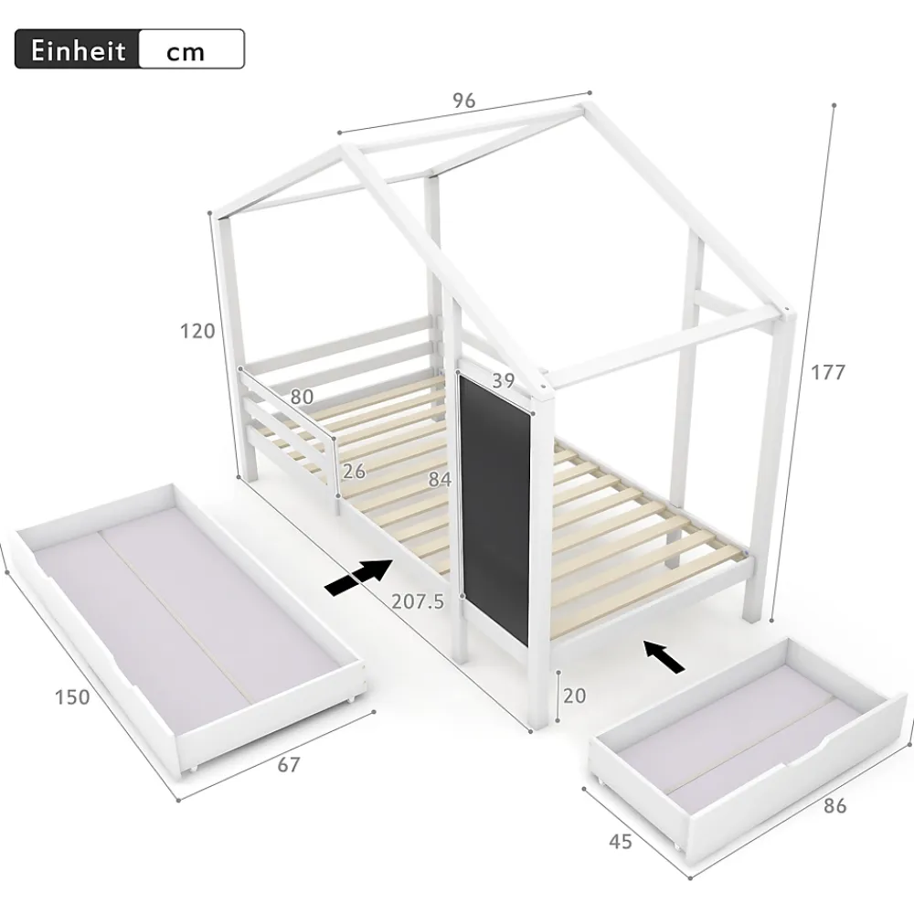 Okwish Lit enfant 90x200 cm - Lit Cabane avec Tableau et 2 Tiroirs, Rangement Pratique, Bois Massif et MDF, Sans Matelas - Blanc*Enfant Lit Enfant