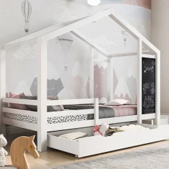Okwish Lit enfant 90x200 cm - Lit Cabane avec Tableau et 2 Tiroirs, Rangement Pratique, Bois Massif et MDF, Sans Matelas - Blanc*Enfant Lit Enfant