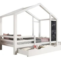 Okwish Lit enfant 90x200 cm - Lit Cabane avec Tableau et 2 Tiroirs, Rangement Pratique, Bois Massif et MDF, Sans Matelas - Blanc*Enfant Lit Enfant
