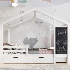 Okwish Lit enfant 90x200 cm - Lit Cabane avec Tableau et 2 Tiroirs, Rangement Pratique, Bois Massif et MDF, Sans Matelas - Blanc*Enfant Lit Enfant