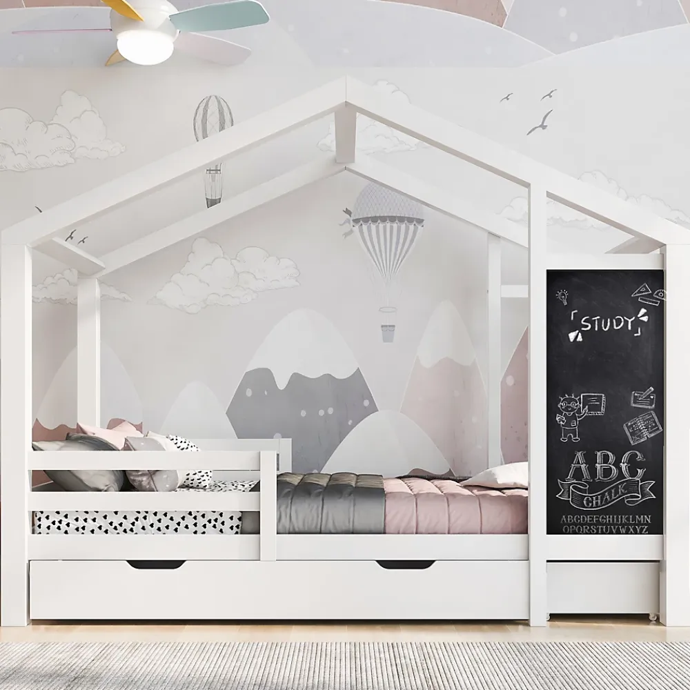 Okwish Lit enfant 90x200 cm - Lit Cabane avec Tableau et 2 Tiroirs, Rangement Pratique, Bois Massif et MDF, Sans Matelas - Blanc*Enfant Lit Enfant