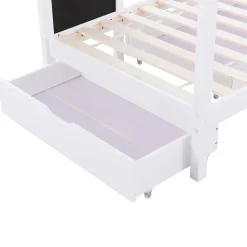 Okwish Lit enfant 90x200 cm - Lit Cabane avec Tableau et 2 Tiroirs, Rangement Pratique, Bois Massif et MDF, Sans Matelas - Blanc*Enfant Lit Enfant