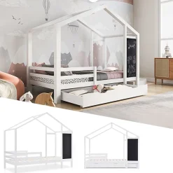 Okwish Lit enfant 90x200 cm - Lit Cabane avec Tableau et 2 Tiroirs, Rangement Pratique, Bois Massif et MDF, Sans Matelas - Blanc*Enfant Lit Enfant