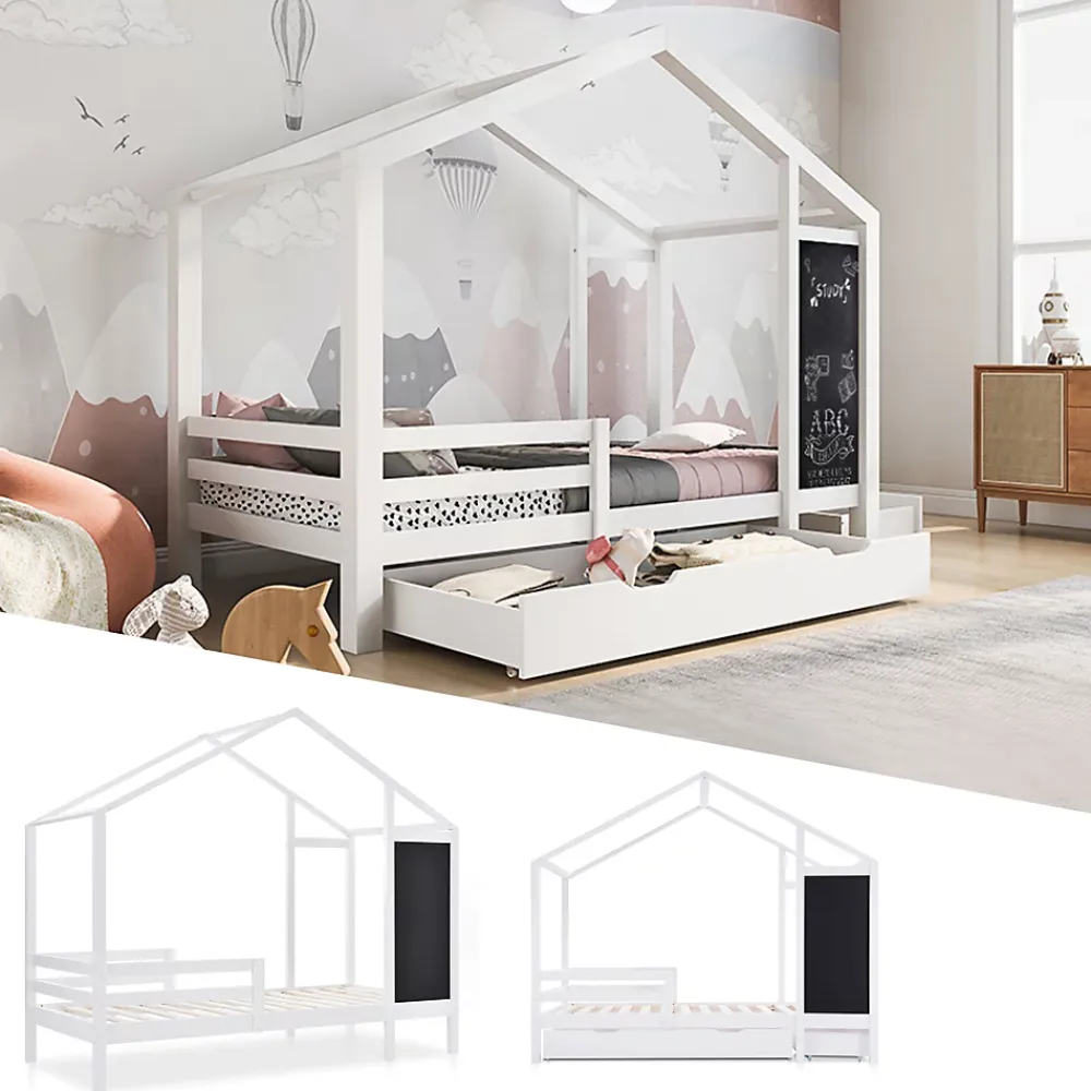Okwish Lit enfant 90x200 cm - Lit Cabane avec Tableau et 2 Tiroirs, Rangement Pratique, Bois Massif et MDF, Sans Matelas - Blanc*Enfant Lit Enfant