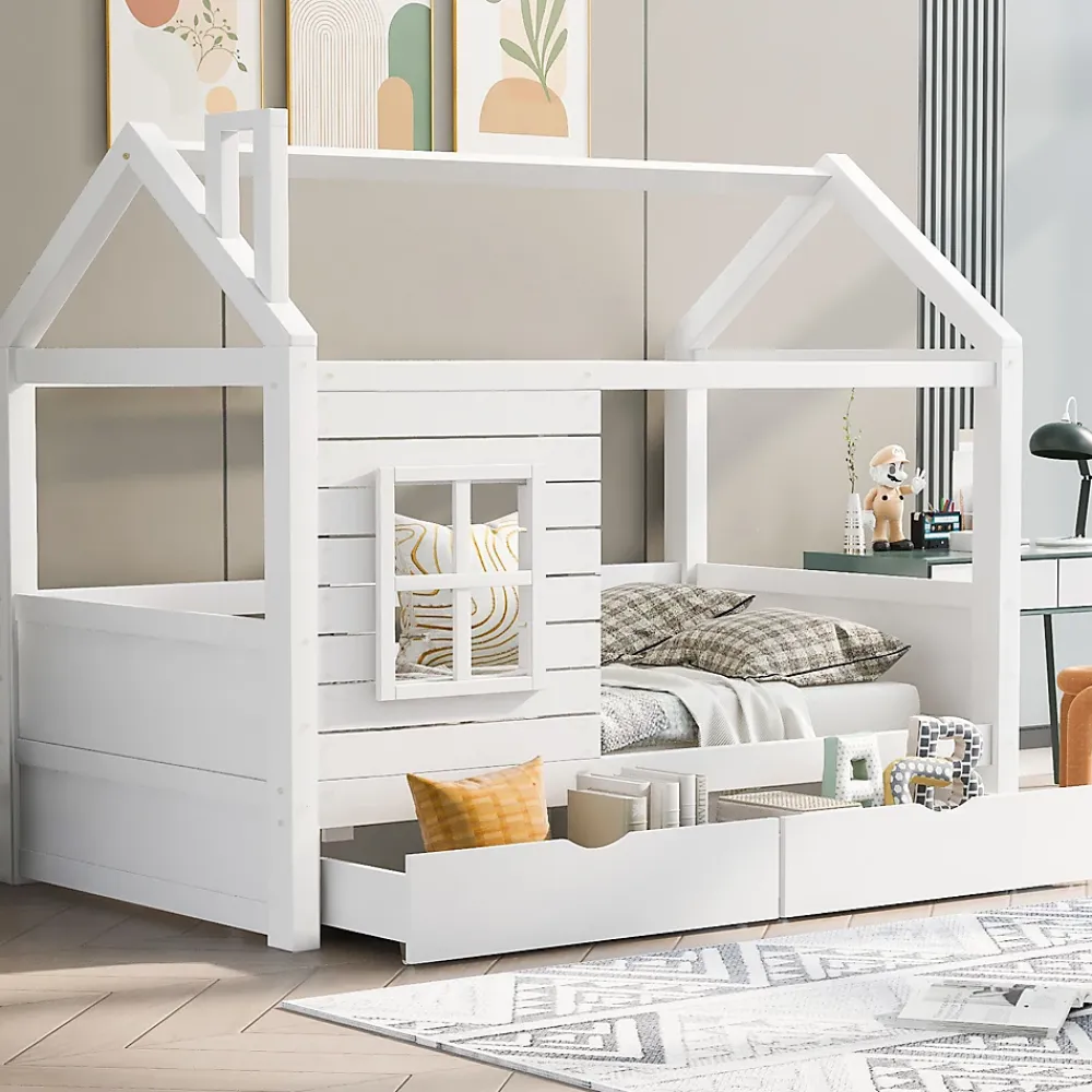 Generique Lit enfant 90x200 cm - Lit Cabane avec Barrières et Fenêtre, Bois Massif - Sommier À Lattes - Sans Matelas - Blanc*Enfant Lit Enfant
