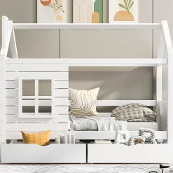 Generique Lit enfant 90x200 cm - Lit Cabane avec Barrières et Fenêtre, Bois Massif - Sommier À Lattes - Sans Matelas - Blanc*Enfant Lit Enfant