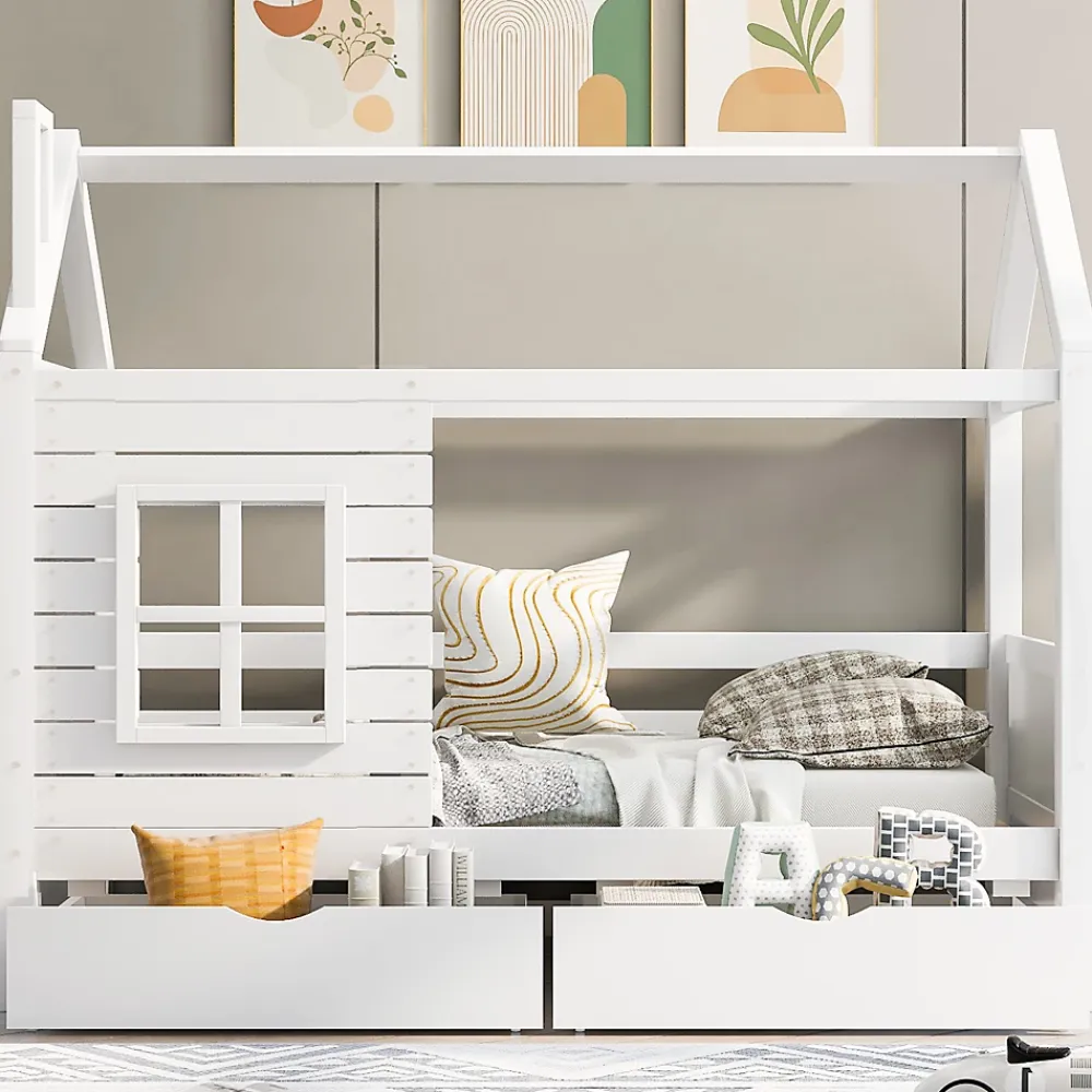 Generique Lit enfant 90x200 cm - Lit Cabane avec Barrières et Fenêtre, Bois Massif - Sommier À Lattes - Sans Matelas - Blanc*Enfant Lit Enfant