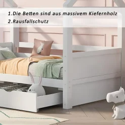 Generique Lit enfant 90x200 cm - Lit Cabane avec Barrières et Fenêtre, Bois Massif - Sommier À Lattes - Sans Matelas - Blanc*Enfant Lit Enfant