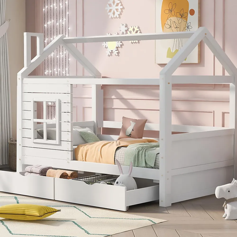 Generique Lit enfant 90x200 cm - Lit Cabane avec Barrières et Fenêtre, Bois Massif - Sommier À Lattes - Sans Matelas - Blanc*Enfant Lit Enfant