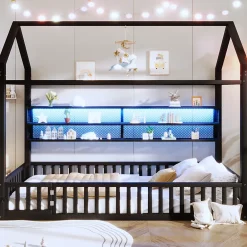 Okwish Lit Enfant 90x200 cm - Lit Cabane avec LED et Barrières, sans Matelas - Cadre Métal Noir*Enfant Lit Enfant