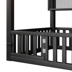 Okwish Lit Enfant 90x200 cm - Lit Cabane avec LED et Barrières, sans Matelas - Cadre Métal Noir*Enfant Lit Enfant