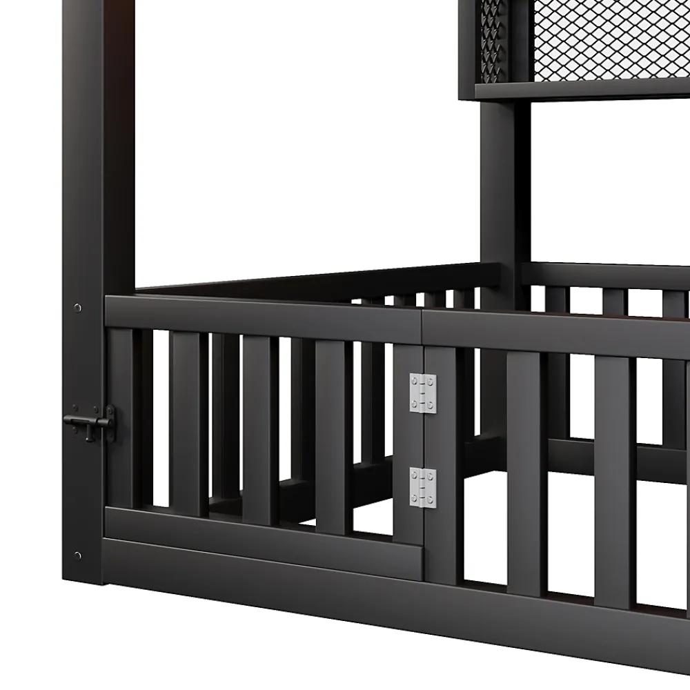 Okwish Lit Enfant 90x200 cm - Lit Cabane avec LED et Barrières, sans Matelas - Cadre Métal Noir*Enfant Lit Enfant